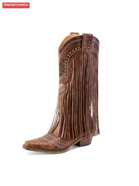 Women's Fringe Cowboy Boots Pull On Mid Calf Embroidered Chunky Heel Boot
